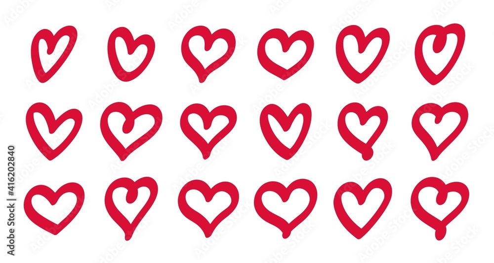 Poster set of hand drawn hearts. flat design elements for use in as logos or icons. red hearts collection.