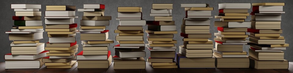 Stacks of many different books. Banner. 3d illustration