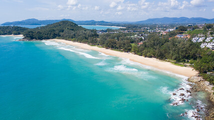 Fototapeta na wymiar Aerial: Surin beach is a beautiful white-sand beach which is located at Phuket, Thailand