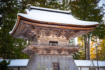 Temple in japan in winter Snow covered.