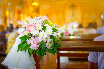 Bouquet, wedding decoration in a church.