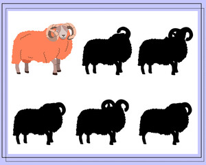 Game for kids find the right shadow. Choose the right shade for the ram. Vector illustration isolated on white background