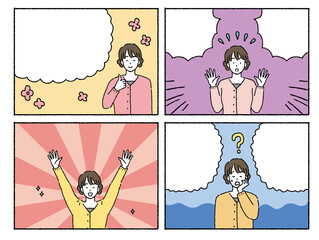 漫画のコマ割り　喜怒哀楽の女性のイラストセット
