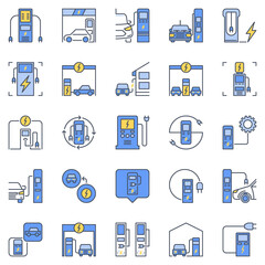 EV Charging Station colored icons set - Electric Car Recharging Point vector concept signs collection