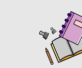 Office desk table with paper clip, pen, notebook. Top view with copy space. Vector design illustration