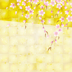 金箔の背景に枝垂桜の花　コピースペースあり