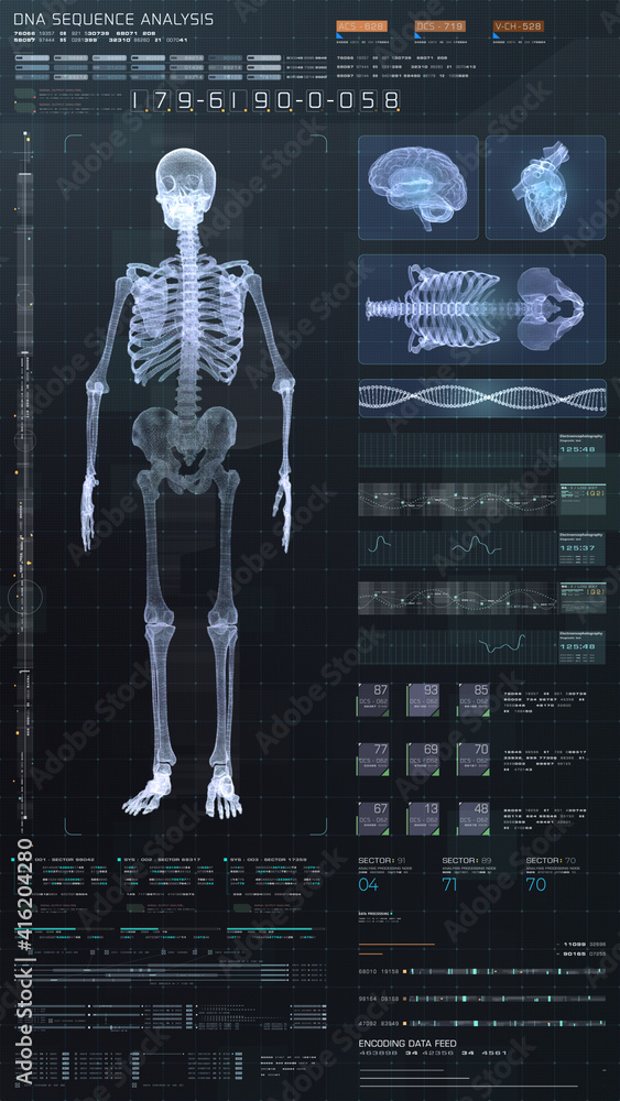 Aufkleber Vertical display format : Futuristic virtual holographic head up display of biomedical human body scan, neurological examination, vertebral column and heart diagnostic for tablet display
