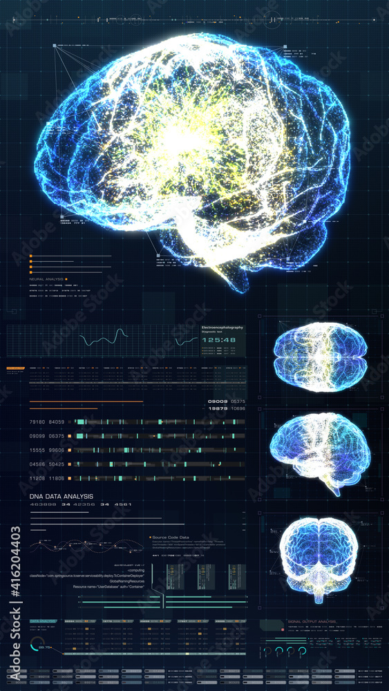 Aufkleber Vertical display format : Futuristic virtual holographic head up display of biomedical human body scan, neurological examination, vertebral column and heart diagnostic for tablet display