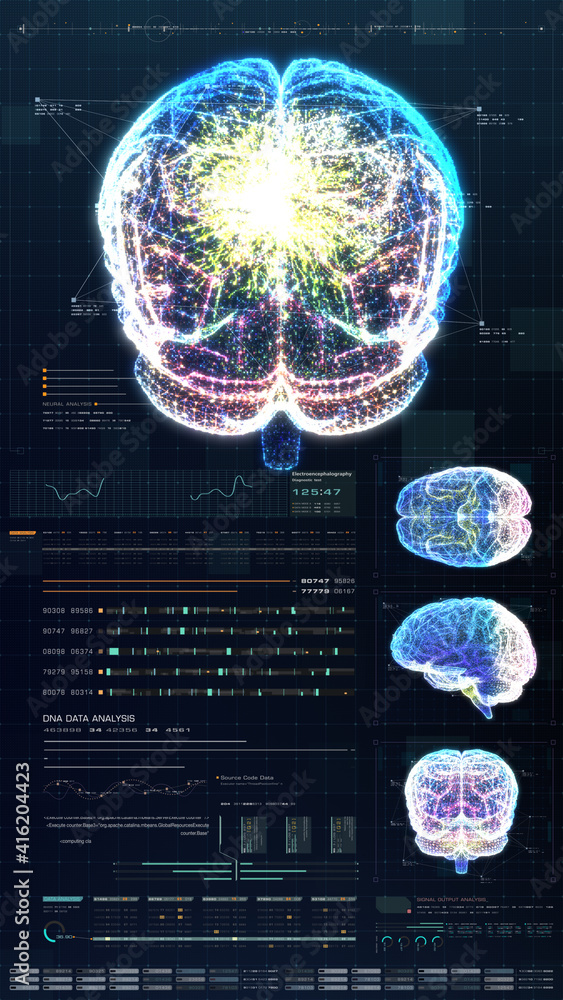 Poster Vertical display format : Futuristic virtual holographic head up display of biomedical human body scan, neurological examination, vertebral column and heart diagnostic for tablet display