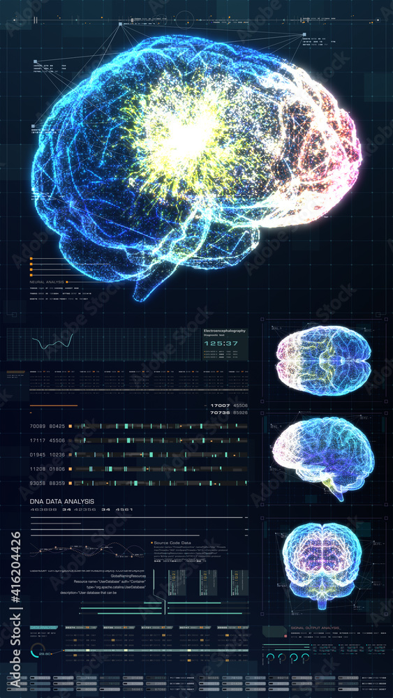 Aufkleber Vertical display format : Futuristic virtual holographic head up display of biomedical human body scan, neurological examination, vertebral column and heart diagnostic for tablet display