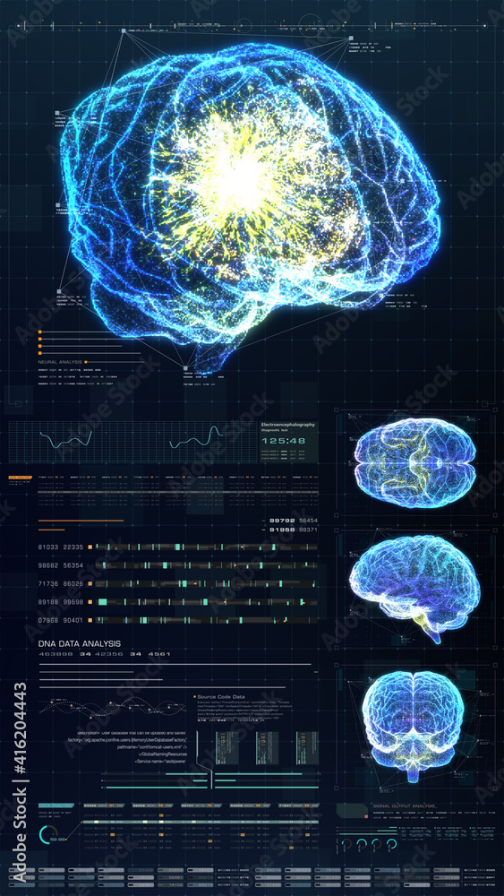Poster vertical display format : futuristic virtual holographic head up display of biomedical human body sc