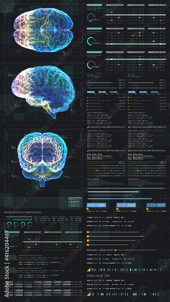 Poster Vertical display format : Futuristic virtual holographic head up display of biomedical human body scan, neurological examination, vertebral column and heart diagnostic for tablet display