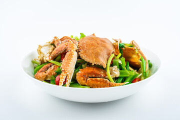 Fried flat crab with celery on a plate on white background
