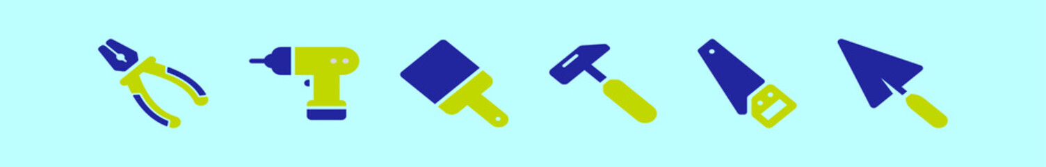 set of construction tools cartoon icon design template with various models. vector illustration isolated on blue background