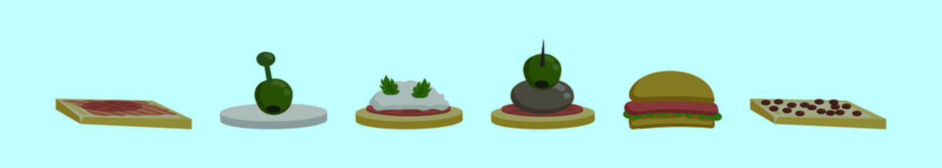 set of appetizers cartoon icon design template with various models. vector illustration isolated on blue background