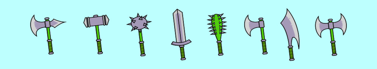 set of barbarian weapon cartoon icon design template with various models. vector illustration isolated on blue background