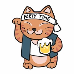 Japanese lucky cat (Maneki Neko) with beer mug cartoon vector illustration