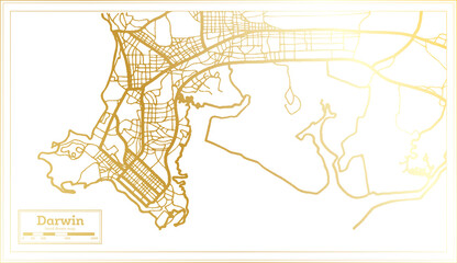 Darwin Australia City Map in Retro Style in Golden Color. Outline Map.