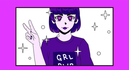 Cartoon anime girl showing victory hand gesture. Cartoon modern trendy personage.