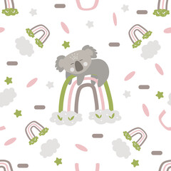 Seamless pattern jungle animals, koala rainbow. white background