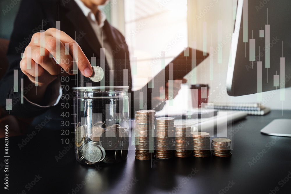 Aufkleber businessman holding coins putting with using smartphone and calculator to calculate saving money .