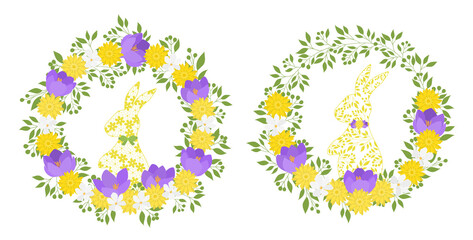 Easter bunny silhouette and flowers decor vector illustration