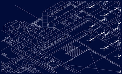 Architectural BIM air ducts design 3d illustration blueprint vector