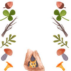 fox in the hole watercolor illustration . mushroom, clover, branch, leaves, forest elements, place for the inscription, vertical frames. blank for postcards, children's picture, book design