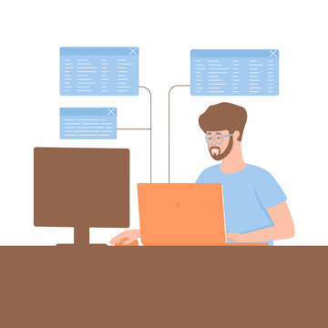 The programmer develops algorithms and computer programs. A web programmer works with the Internet, writes the software component of sites. Flat vector illustration.