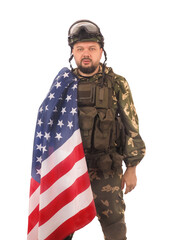 USA Soldier on white background .Concept National holidays , Flag Day, Veterans Day, Memorial Day, Independence Day, Patriot Day. Isolated.