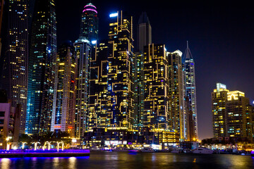 tall buildings on the Dubai Marina on the shore of the Persian Gulf