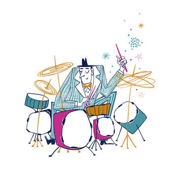 Illustration with funny isolated drummer.
