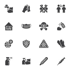 Coronavirus prevention vector icons set, modern solid symbol collection, filled style pictogram pack. Signs logo illustration. Set includes icons as hand washing, social distancing, face mask, vaccine