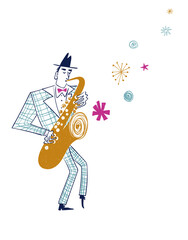 Illustration with funny isolated saxophone player