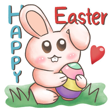 A rabbit hugging an egg with words 'Happy' and ' Easter'. Digital cute cartoon paint. Illustration about Easter Day Celebration. 