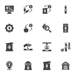 Farm agriculture business vector icons set, modern solid symbol collection, filled style pictogram pack. Signs, logo illustration. Set includes icons as wheat price, harvest statistics, seed bag