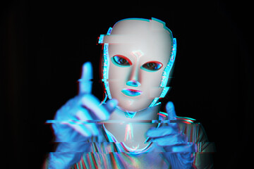 Portrait of futuristic robot. Image with glitch effect.