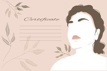 Certificate with abstract minimalistic woman portrait and field for text. Vector template for diploma, gift or business card of beauty salon, master make-up artist.