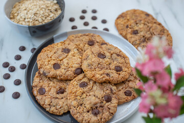 healthy home made oat cookies with chocolate chips