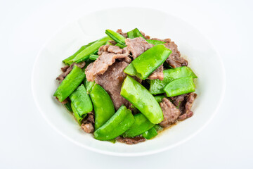 Chinese food, home cooking, one dish of fried beef with snow peas