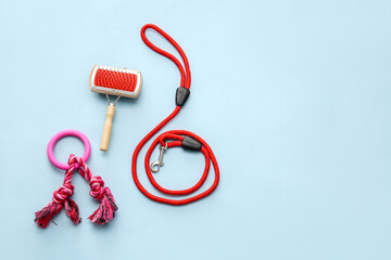 Different pet care accessories on color background