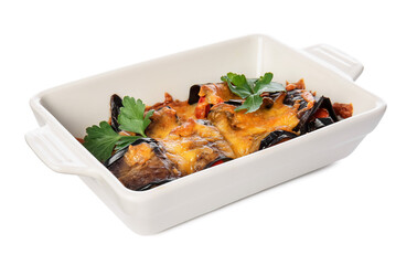 Dish of tasty baked vegetables on white background