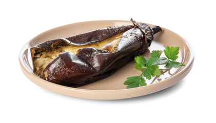 Plate with tasty baked eggplant on white background