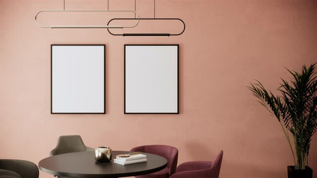 interior of modern room with furniture. contemporary apartment style. the room has blank picture frames on peach background, pan down shot video 4k animation