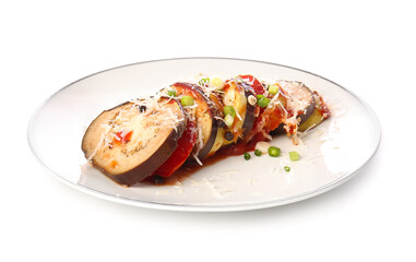 Plate of tasty baked eggplant and tomatoes on white background