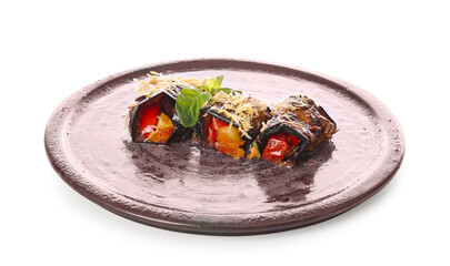 Plate of tasty baked eggplant with tomato and cheese on white background