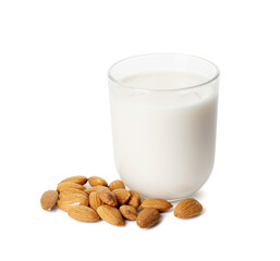 Glass of tasty almond milk on white background