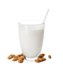 Glass of tasty almond milk on white background