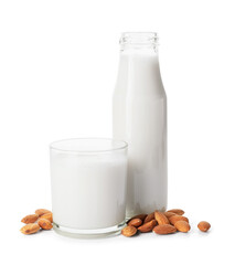 Bottle and glass of tasty almond milk on white background
