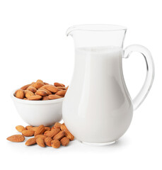 Jug of tasty almond milk on white background